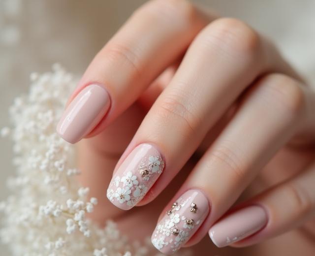 Nail art featuring delicate white hand-painted lilies on ring finger