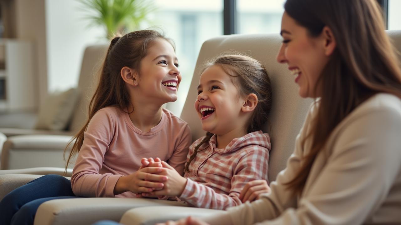 A joyful mother and daughter laughing while getting matching manicures in a bright, modern salon