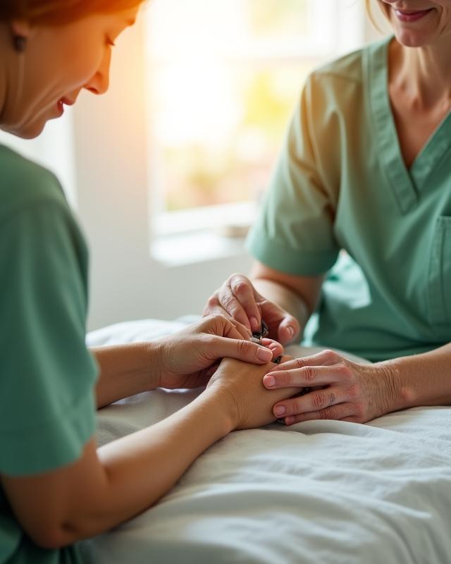 A gentle close-up of a technician providing a manicure to an elderly person in a cozy interior