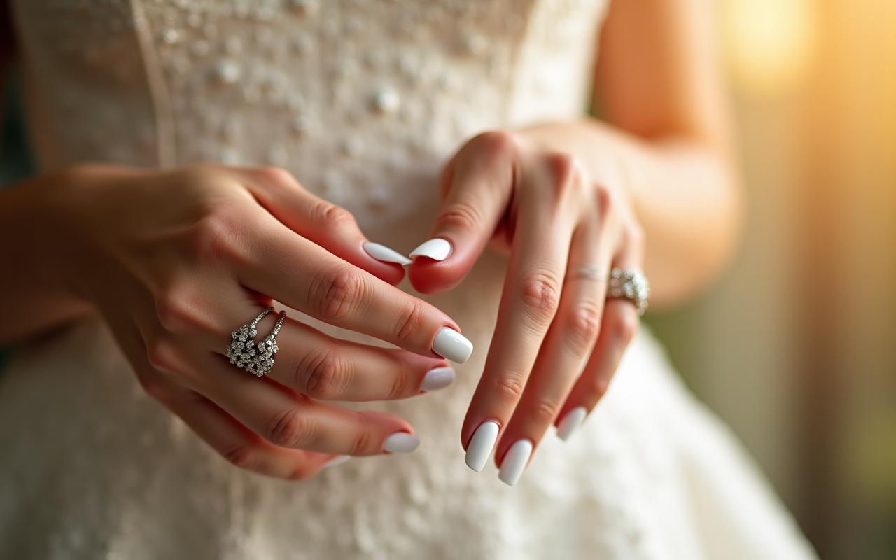 Elegant bridal nails with delicate lace patterns and soft shimmers